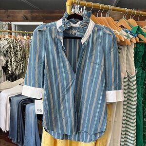 Striped Blue Blouse with Ruffle Collar